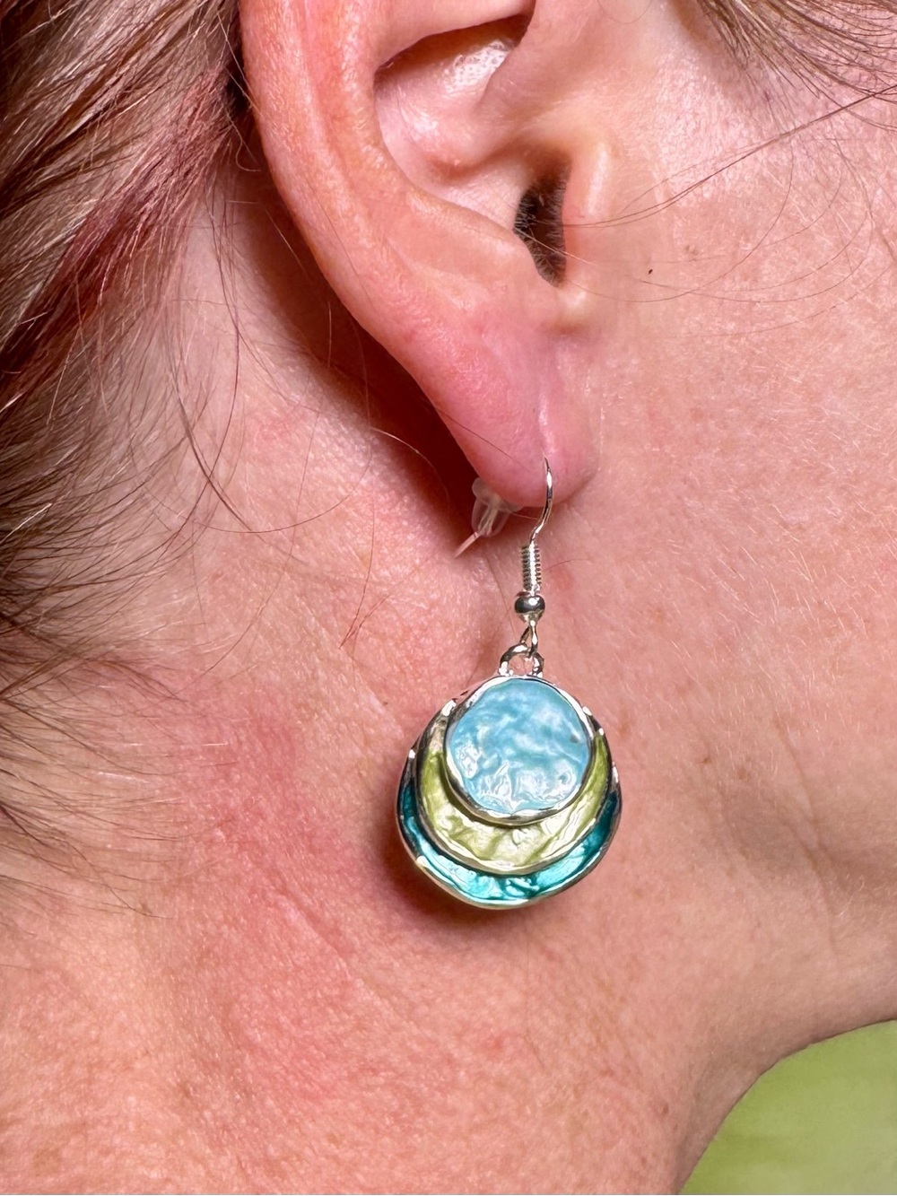 Silver Multi-Tone Disc Drop Earrings - Blue, Green, Aqua